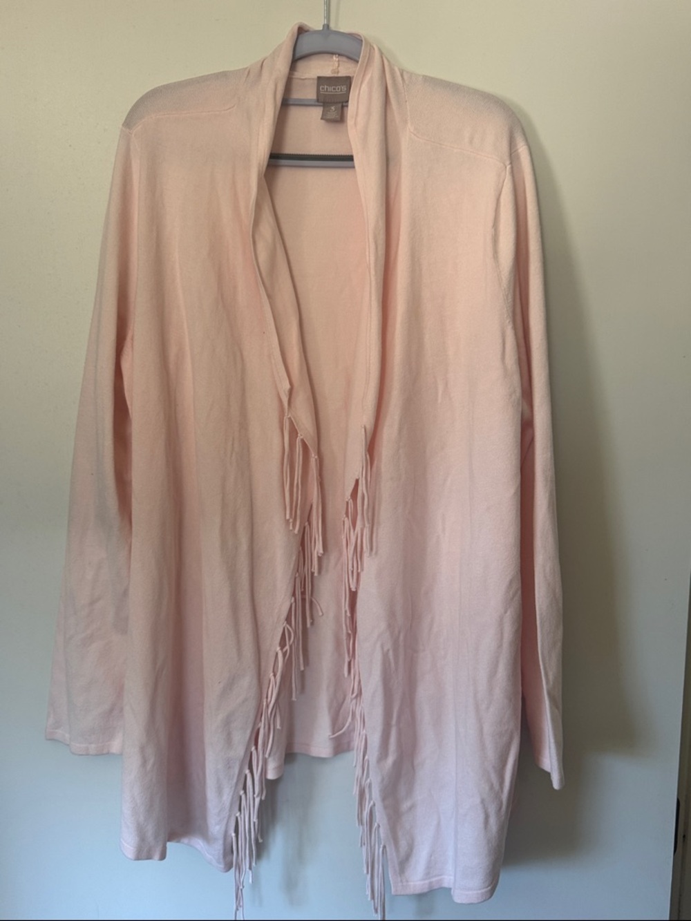 Chico's Blush Pink Open-Front Fringe Cardigan